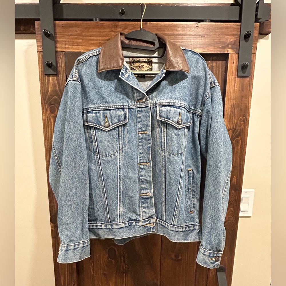 Vintage Brown Leather Collar Jean Jacket